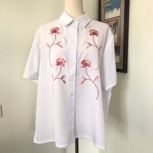 VTG BonWorth Pink Floral Embroidered Blouse‎ XLP Y2K Retro Office Cottagecore